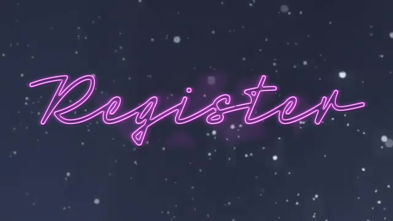 Glowing neon pink cursive Register text floating over starry background in flat design