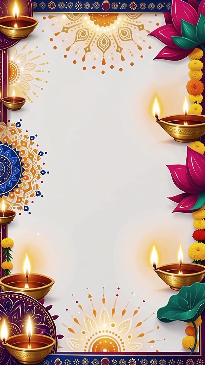Sfondo Diwali con Diyas luminosi, Rangoli e fiori di loto