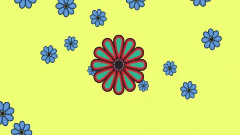 Animation-Von-Mehrfarbigen-Blumen-Auf-Gelbem-Hintergrund