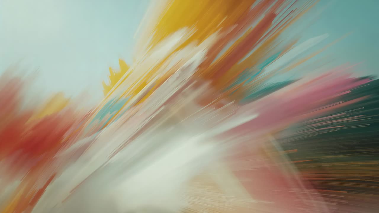 Resolving blur, yellow pink teal red strokes surging, forming fanned petals on grey backdrop