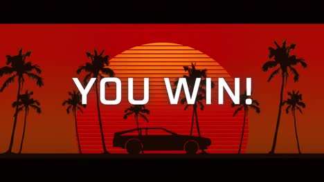 animation of you win text over a car riding during sunset