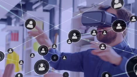 Animation of network of connections with icons over caucasian businessman using vr headset