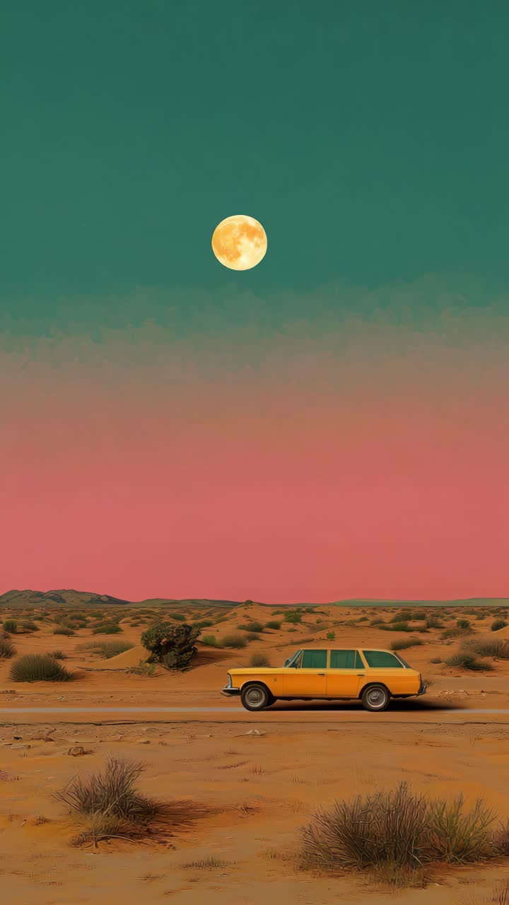 Surreal desert scene with a vintage car under a full moon