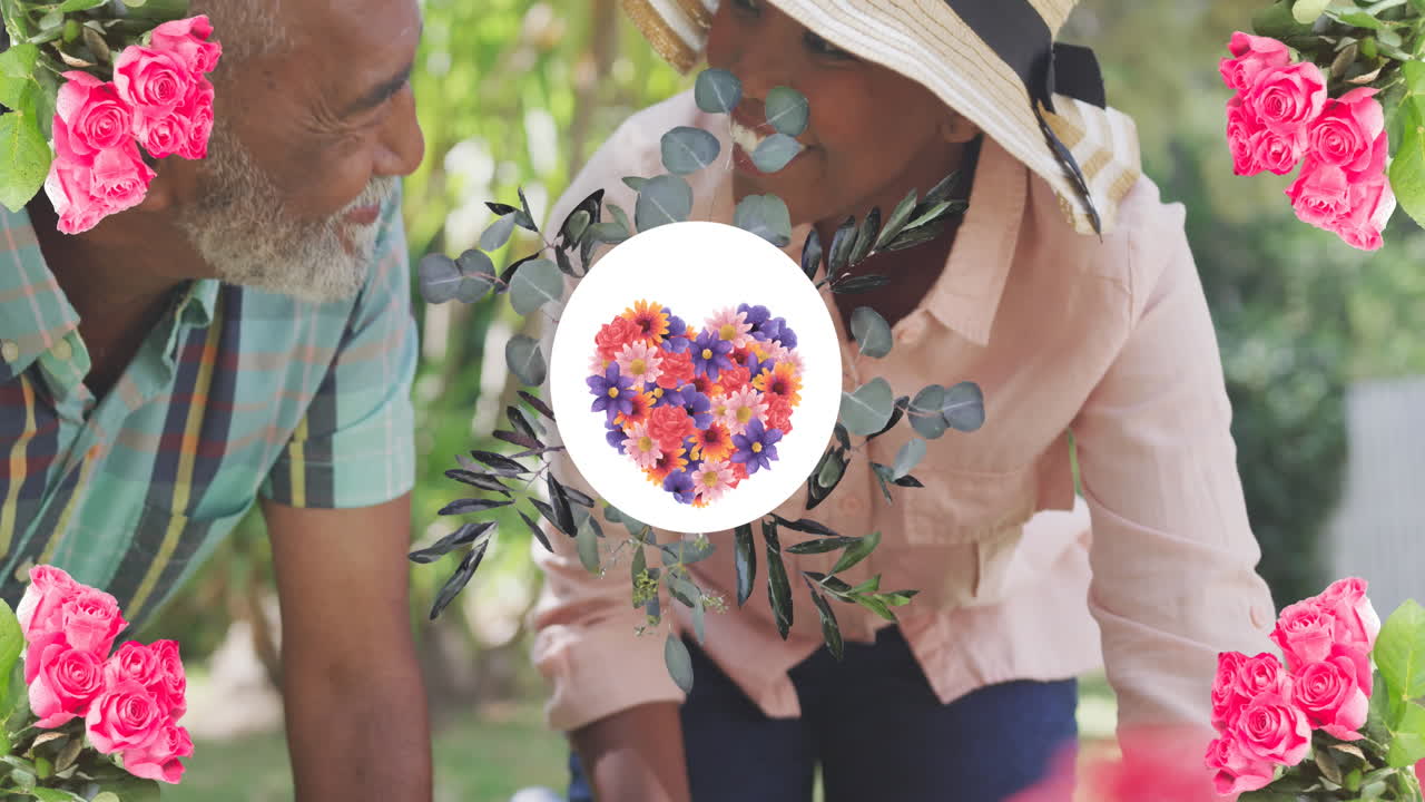 animación de un corazón de flor en forma redonda sobre una hija adulta afroamericana y un padre