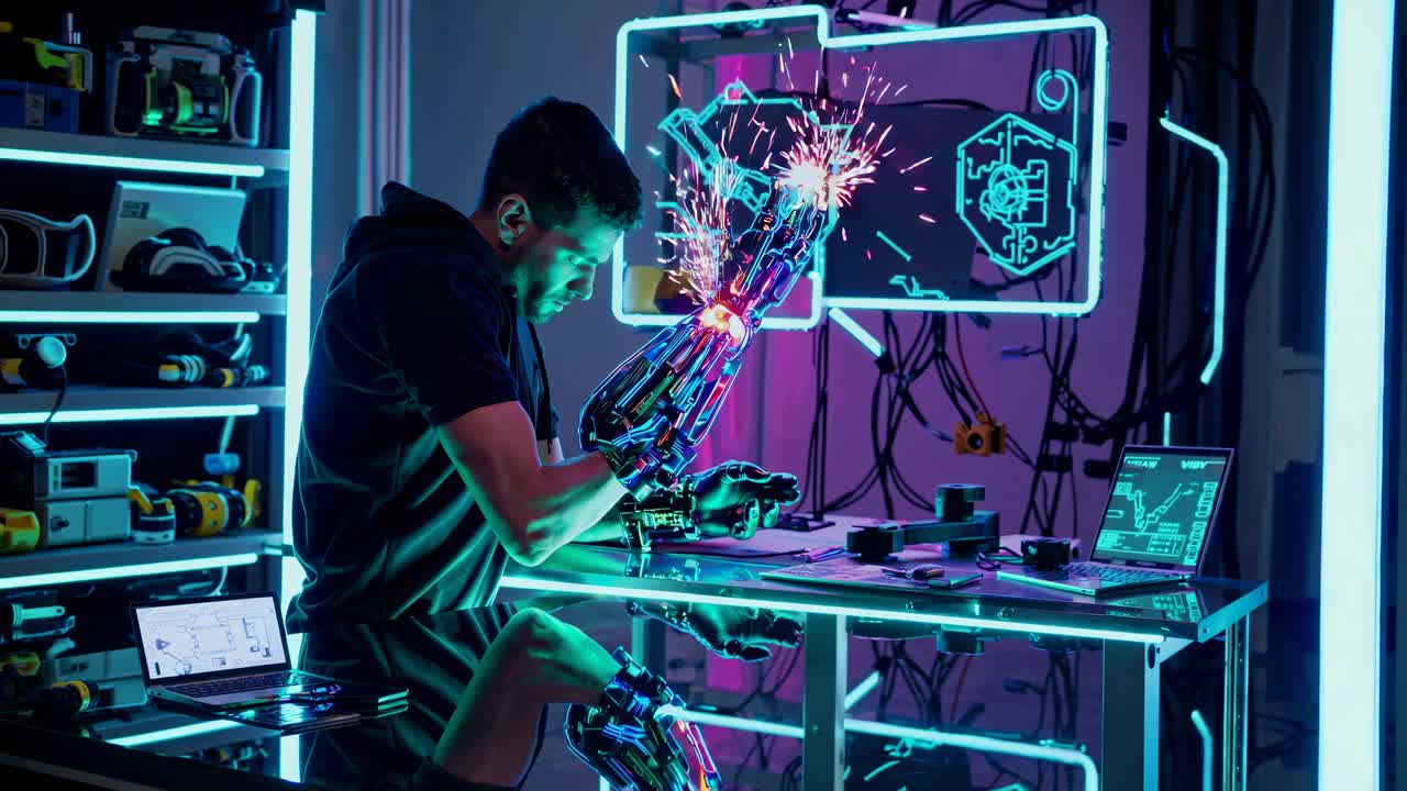 ingeniero cyberpunk trabajando en un brazo biónico