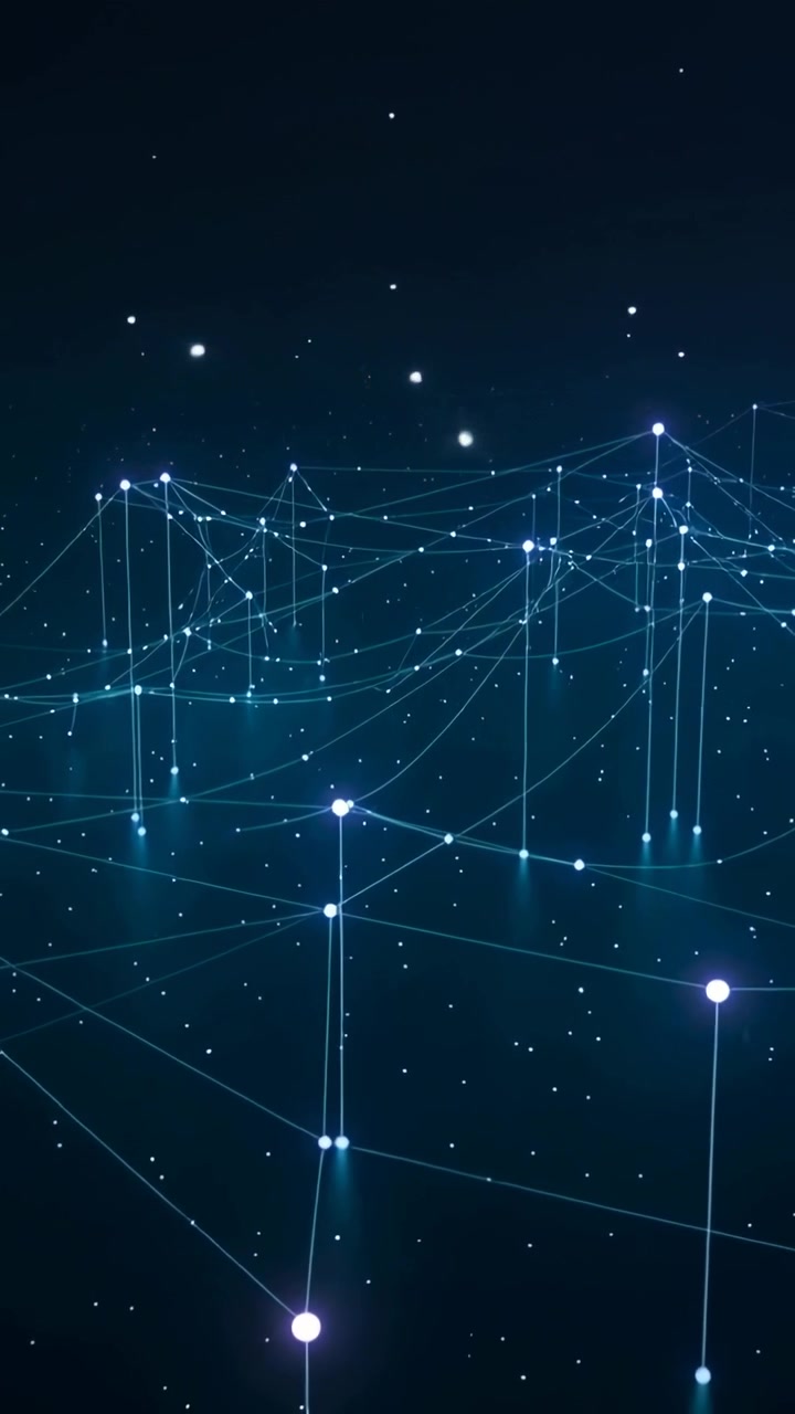 Vertical video: Sequence starting, mesh shifting, nodes glowing, beams pulsing in deep void mapping