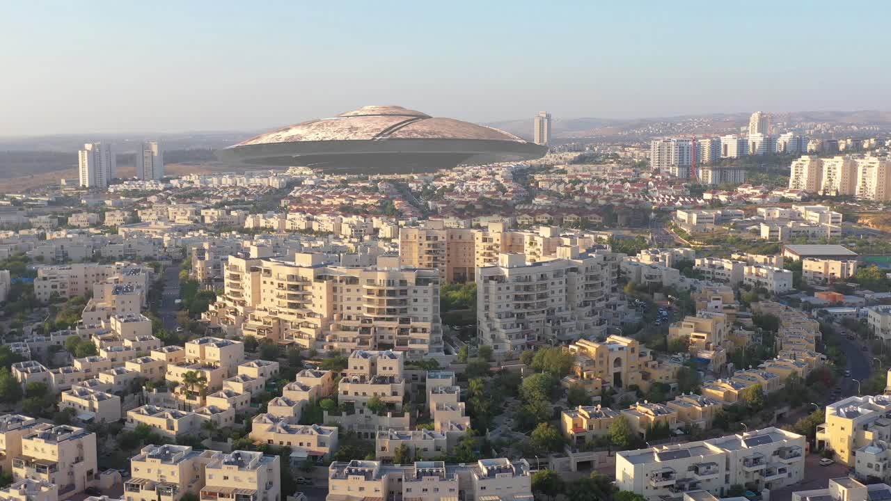 футуристический городской пейзаж с куполом в форме нло