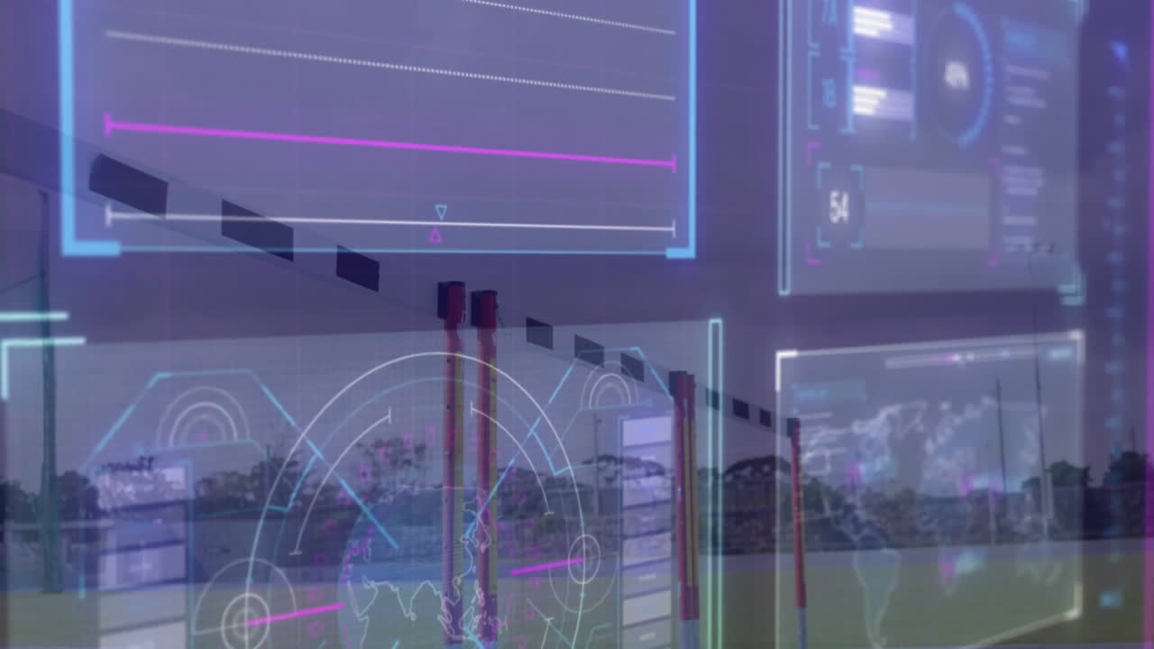 sports technology teams monitoring outdoor field data, showing AR line graphs, gauges, map overlays