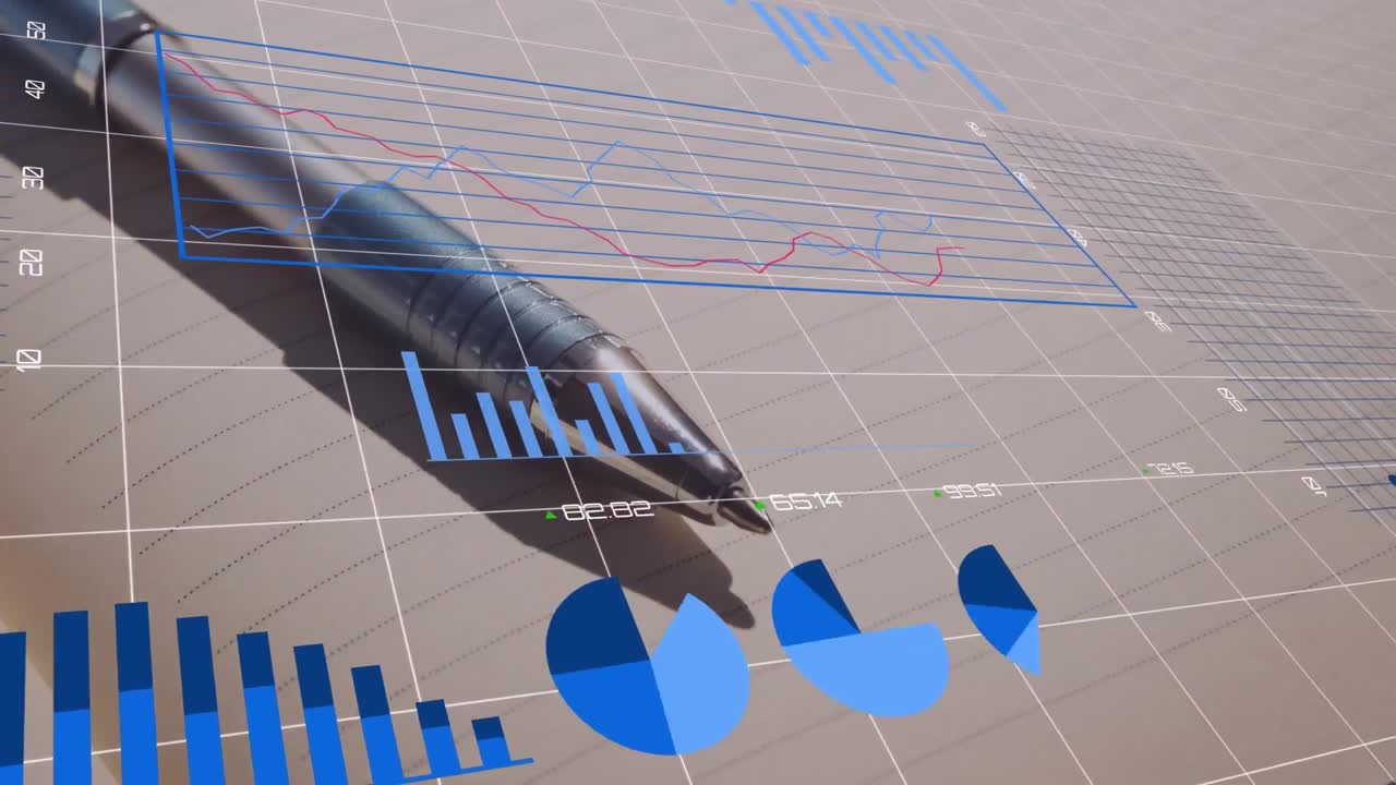 animación de múltiples gráficos y gráficos con números cambiantes en la cuadrícula sobre el bolígrafo en el escritorio de la oficina.