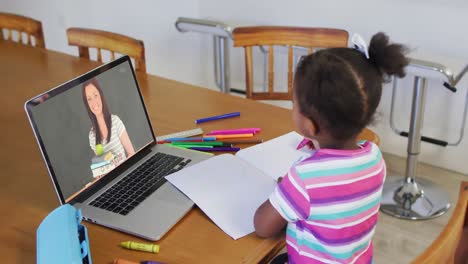 African-american-girl-doing-homework-while-having-a-video-call-on-laptop-at-home