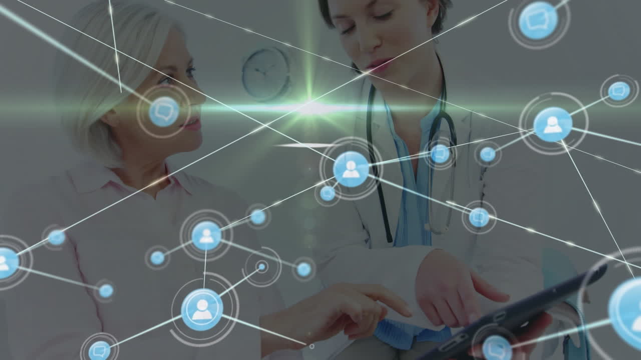 환자와 백인 여성 의사에 대한 아이콘과 연결 네트워크의 애니메이션.