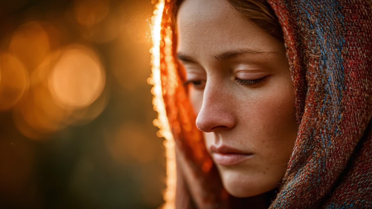 A serene moment captured in golden light, showcasing a contemplative woman wrapped in a colorful shawl, embodying tranquility and introspection amidst a soft, atmospheric backdrop