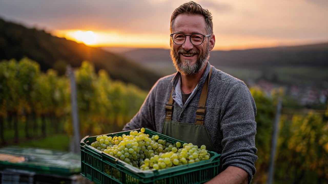 A Joyful Vineyard Worker Embraces the Harvest at Sunset, Showcasing a Bounty of Fresh Grapes in a Beautiful Vineyard Landscape