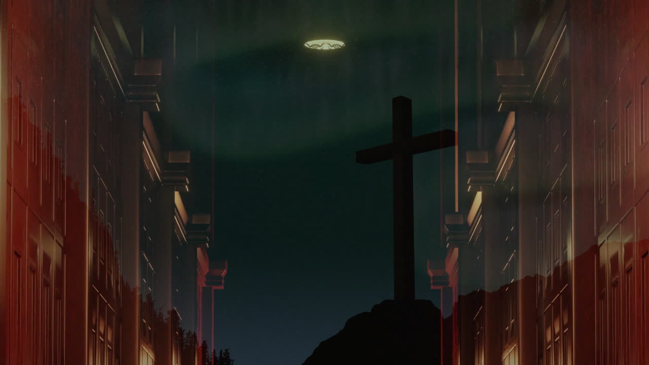 Glowing symbol and cross silhouette against night sky above buildings in animation