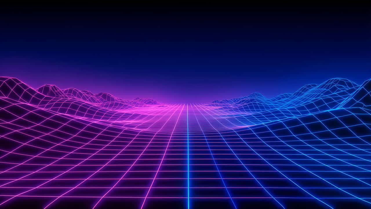 Paesaggio digitale con griglia neon retrowave