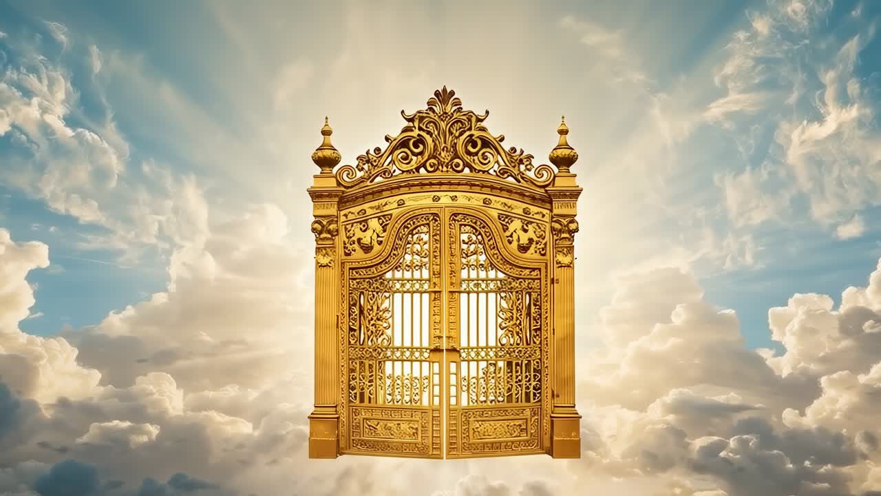 Revealing ornate golden gate above clouds, sunlight intensifying, mist glowing for dramatic reveal