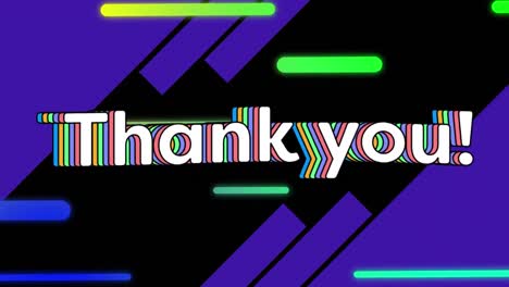 animation of thank you text banner over gradient light trails and blue stripes on black background