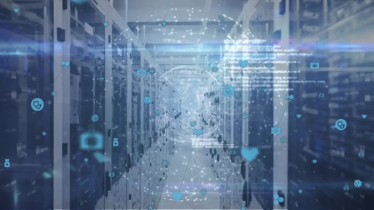 연결 네트워크의 애니메이션과 컴퓨터 서버를 통한 데이터 처리