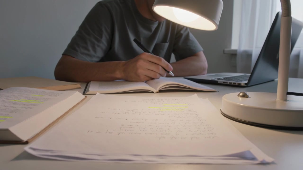 Reaching lamp off to side, teenager in grey t-shirt aiming light over notebook at study desk
