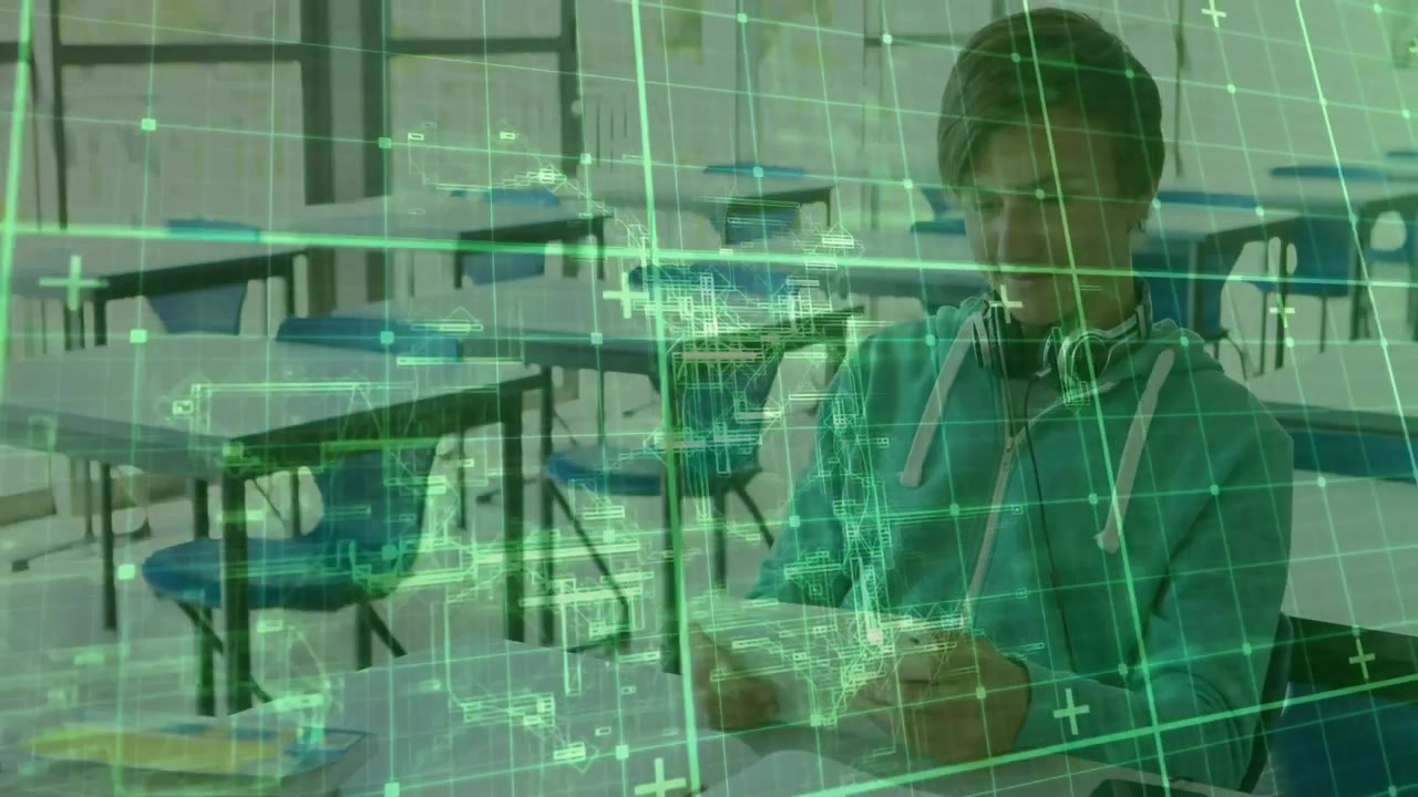 male student placing paper on desk, reading while green grid overlay pulsing receding for education