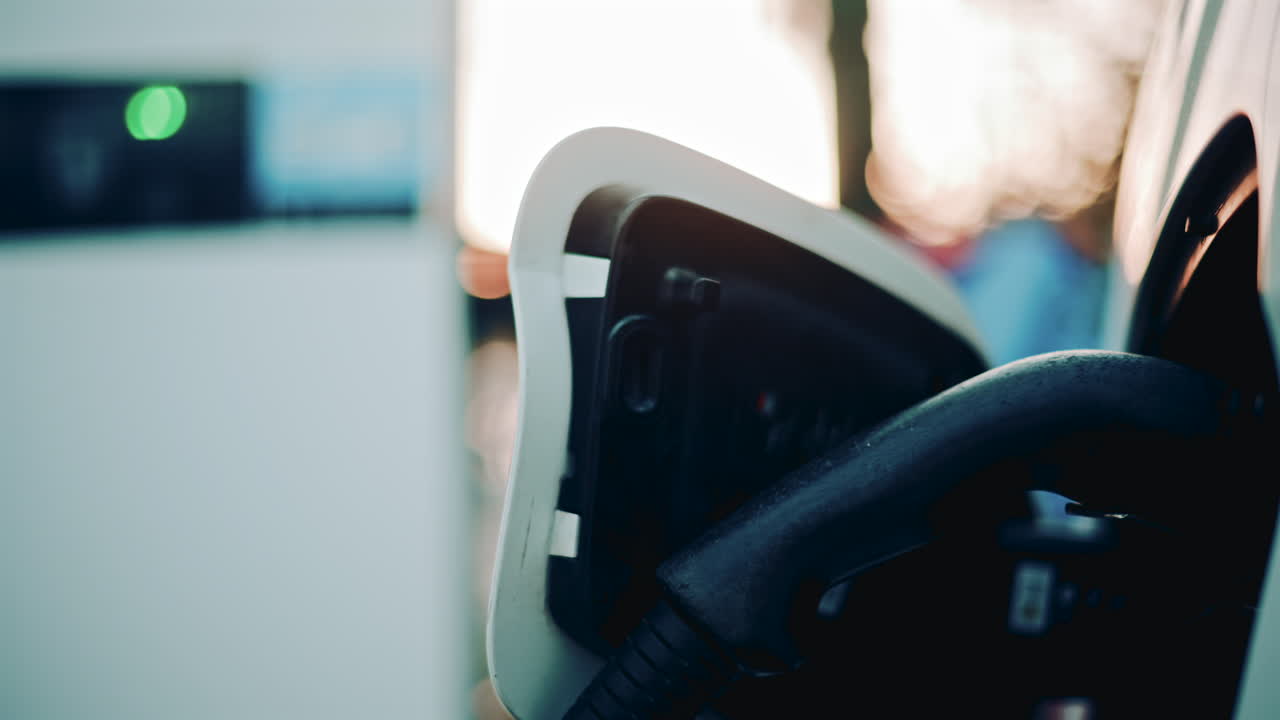 Charging station display and car front, with the EV plugged in and the headlight slightly blurred