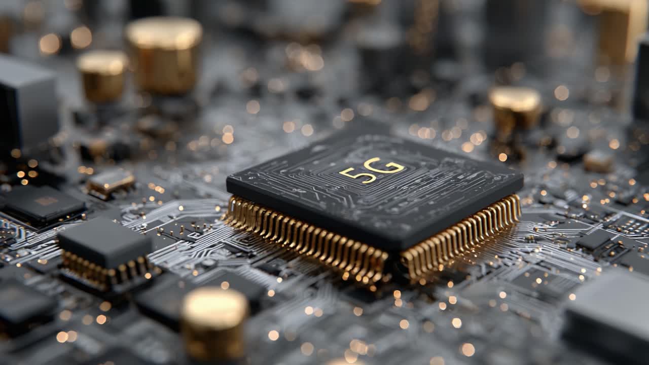 Detailed Close-Up View of a 5G Microchip on a Complex Circuit Board, Highlighting the Intricate Connections and Modern Technology Behind Fifth Generation Wireless Communication