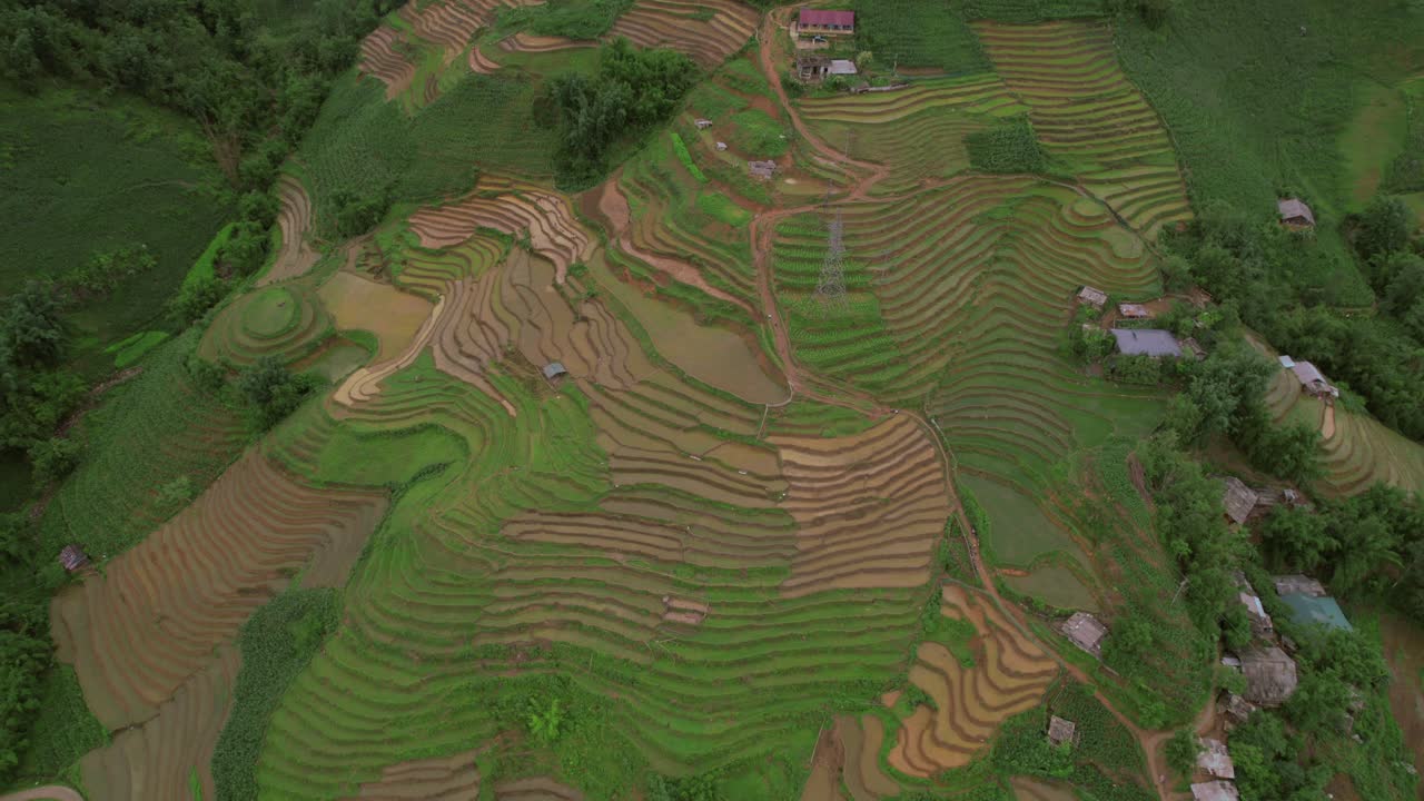 Aerial View of Lush Green Rice Terraces and Rural Villages