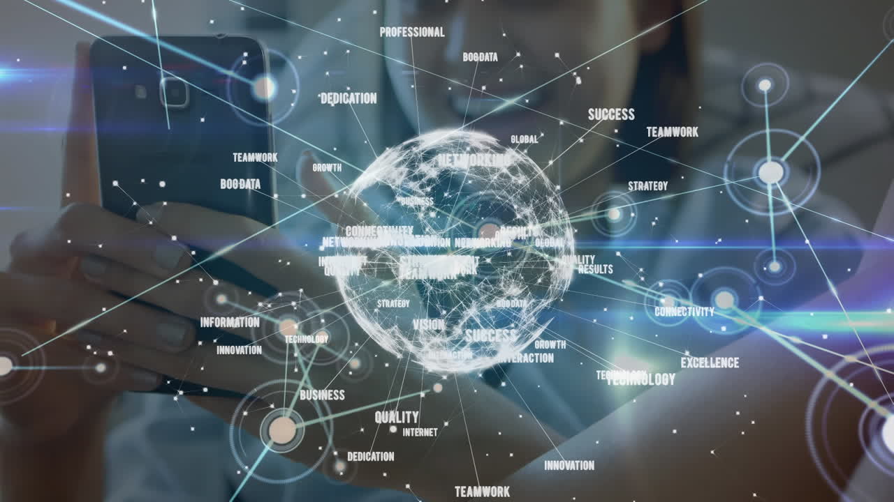 스마트 폰을 사용하는 여성에 대한 비즈니스 텍스트와 연결 네트워크의 지구상의 애니메이션