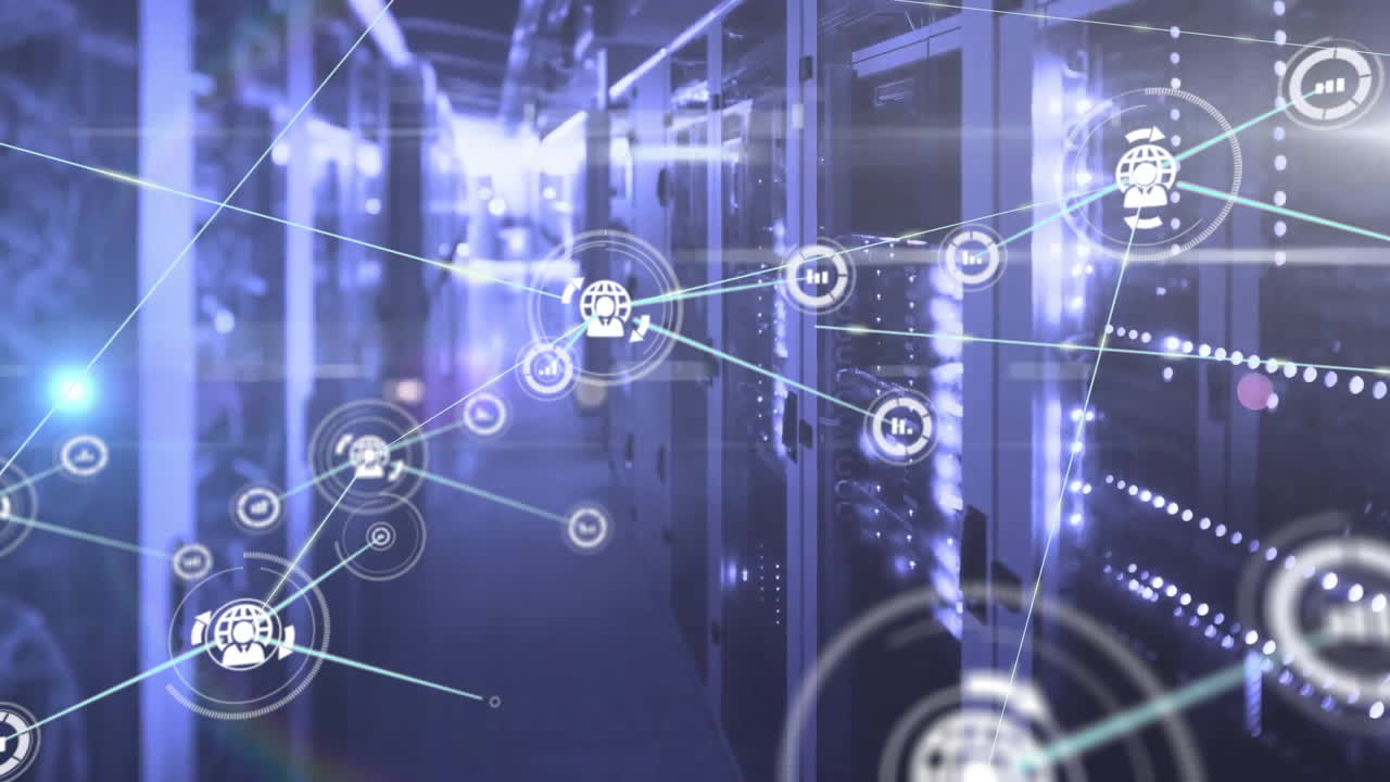 Animation of network of connections with icons and data processing over computer servers