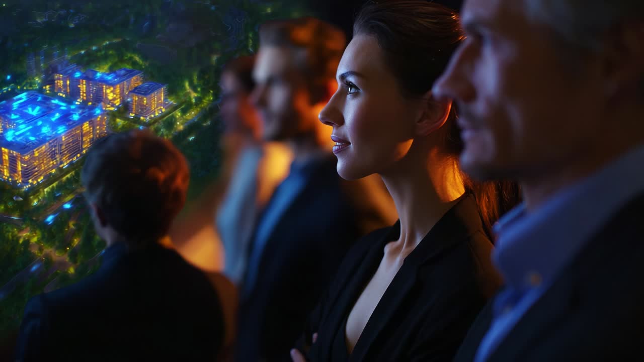 Contemplative Gathering: A Group of Individuals Observes a Vibrant Cityscape from a High Perspective, Highlighted by Illuminated Buildings and Nature Under a Night Sky, Reflecting Their Aspirations and Goals