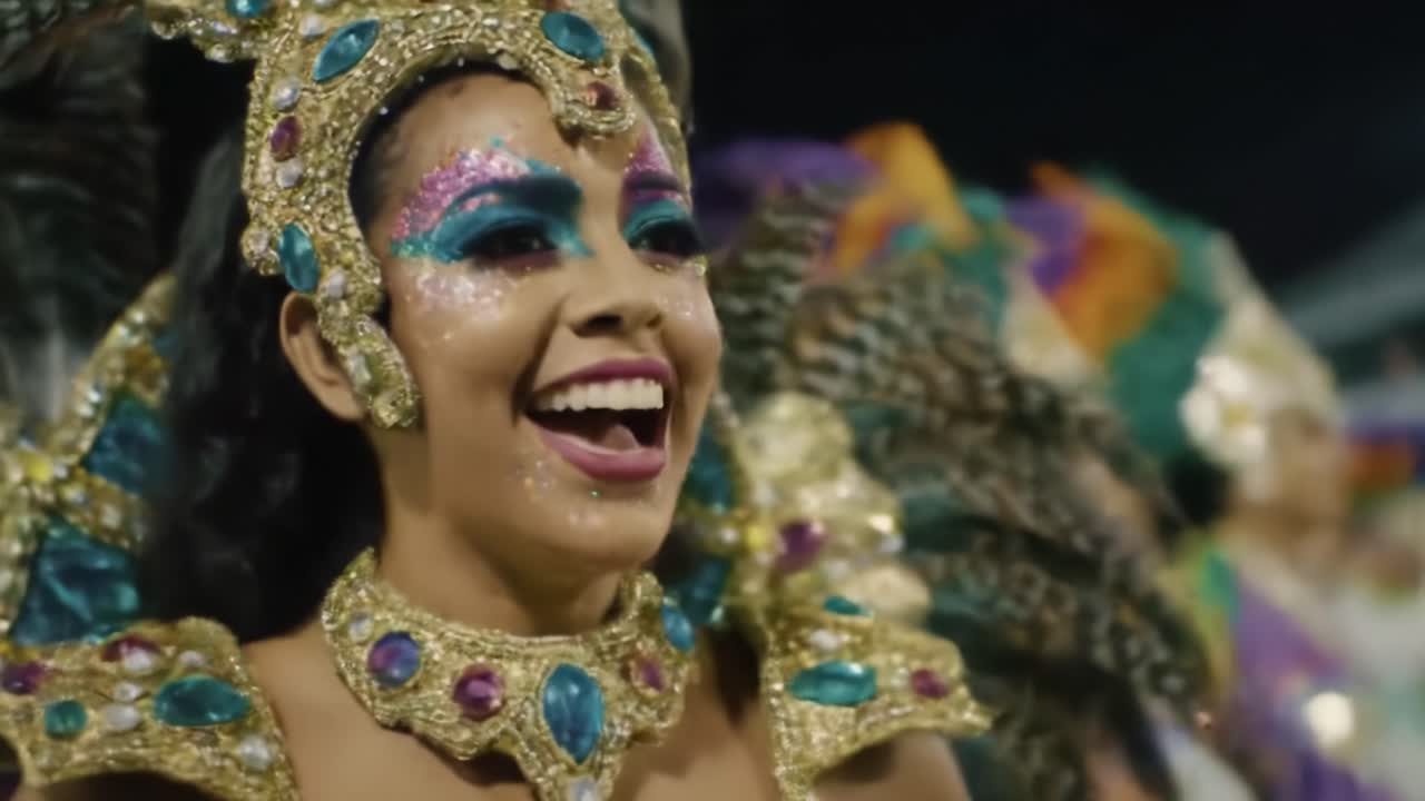 Dancers adorned in bright, elaborate costumes perform joyfully at a carnival parade. The atmosphere is electric as music fills the air, bringing the night to life with excitement.