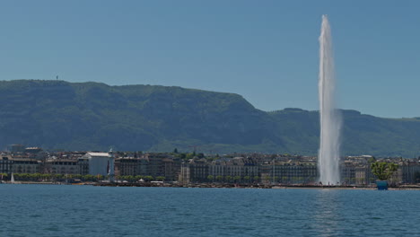 peaceful morning in geneva with the iconic jet d’eau rising from the lake, calm waters reflecting the clear sky, and the city slowly coming to life in the morning light.