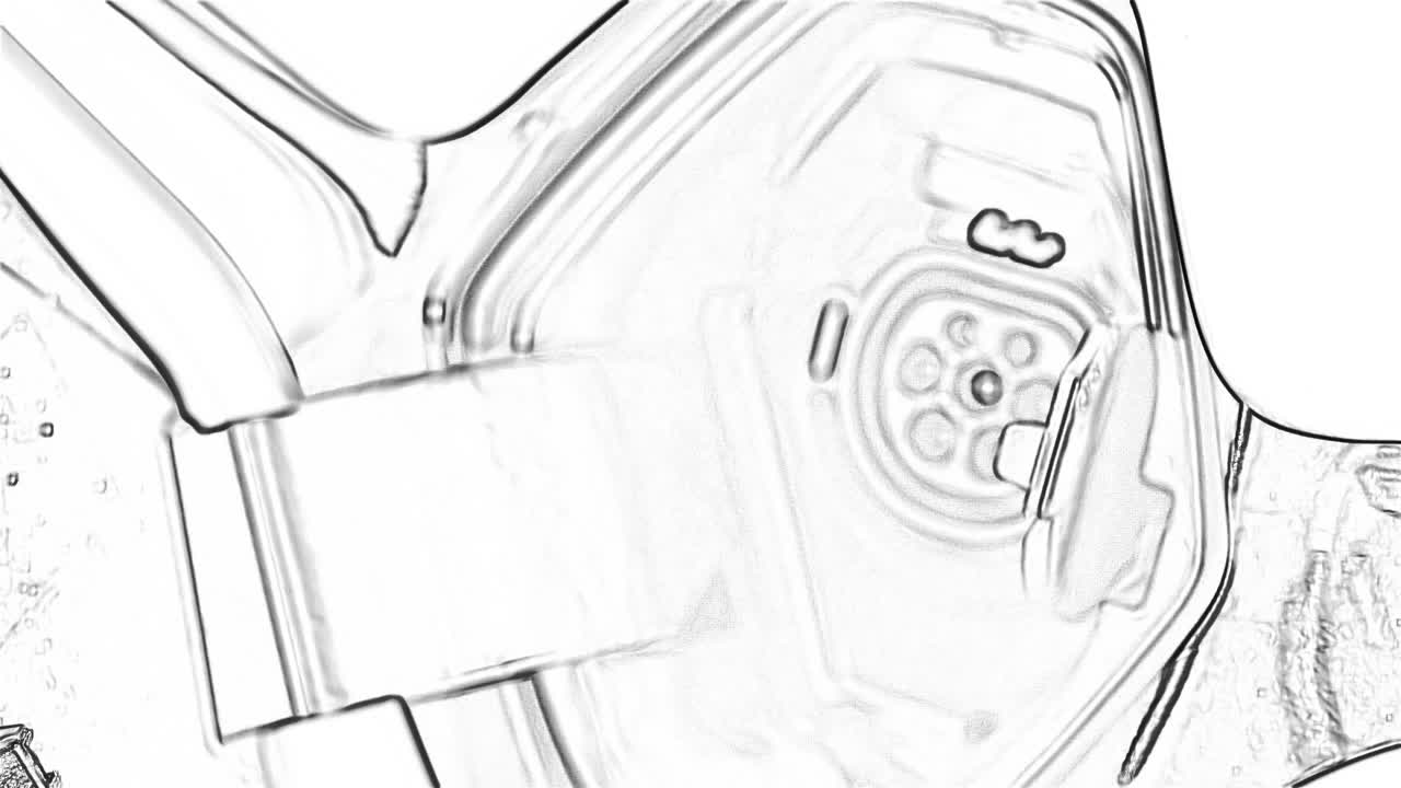 Man die stekker van elektrische autolader aansluit, zwart-wit doodle-art