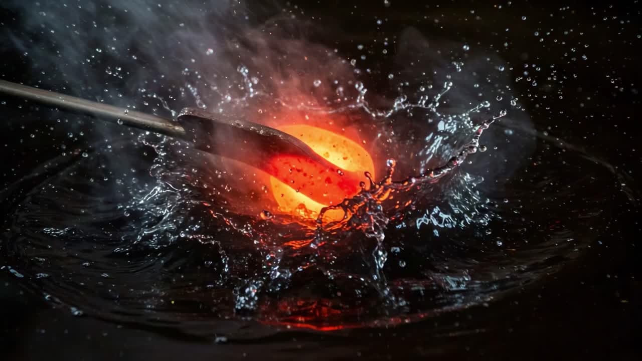 Captivating Transformation: A Molten Glass Orb Meets Water, Creating Dynamic Splashes and Evocative Reflections in a Stunning Sequence of Heat and Fluidity
