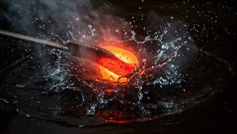 captivating transformation: a molten glass orb meets water, creating dynamic splashes and evocative reflections in a stunning sequence of heat and fluidity
