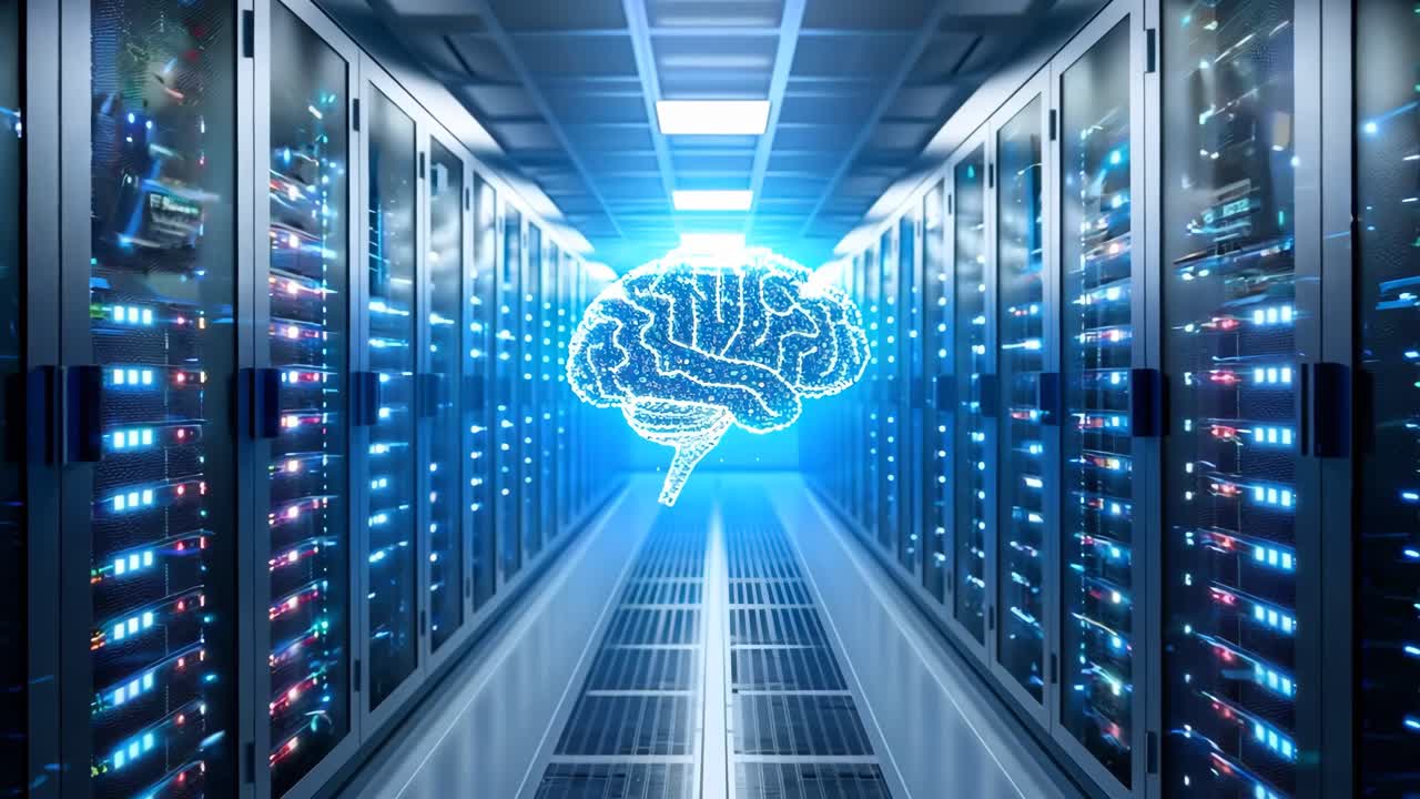 A computer server room with a large brain symbol on the wall. The room is filled with rows of servers and the brain symbol is glowing blue. Scene is futuristic and technological