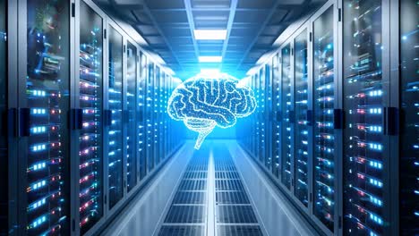 a computer server room with a large brain symbol on the wall. the room is filled with rows of servers and the brain symbol is glowing blue. scene is futuristic and technological