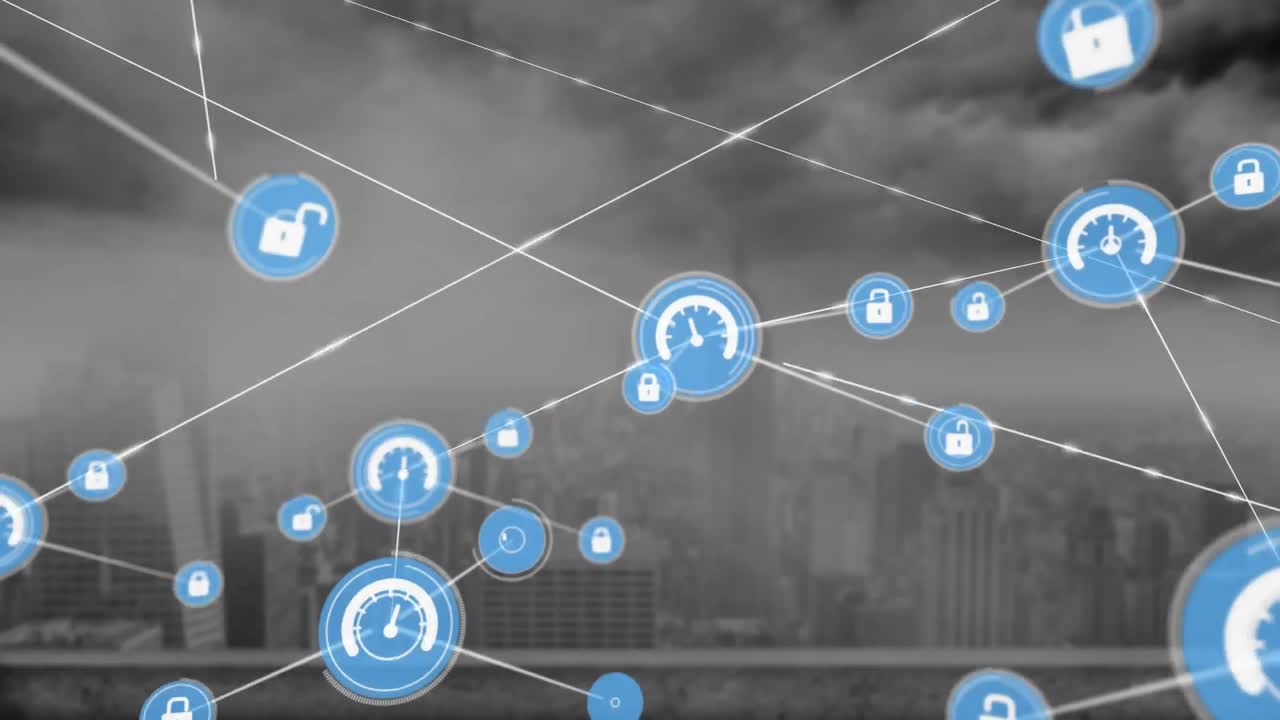 현대 도시 풍경 위의 밀집된 구름에 대한 연결된 락과 속도계 아이콘의 애니메이션