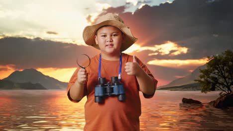 niño asiático con sombrero y binoculares que muestra lupa y pulgares hacia arriba gesto a la cámara. niño investigador examina algo en un lago, concepto de aventura de turismo de viaje