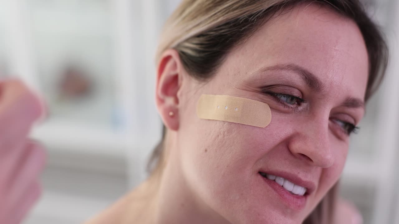Person applying a bandage near their eye