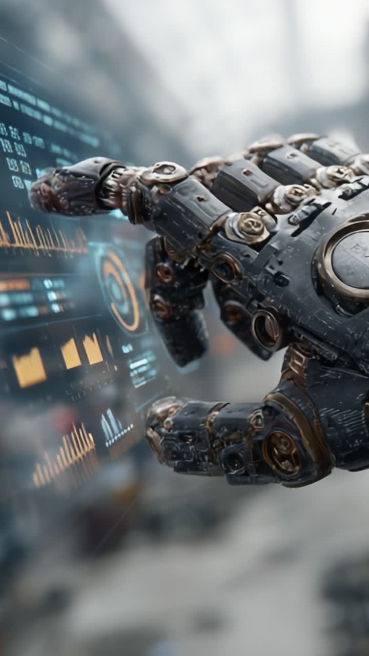 A Future-Forward Metallic Hand Interacting with Data Displays, Showcasing Advanced Technology and Robotics in a Futuristic Environment