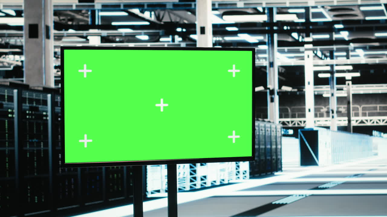 Monitor con schermo verde in un data center che supervisiona rig a mesh wireframe, con sovrapposizione VFX.