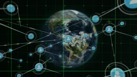 Animation-Des-Netzwerks-Von-Verbindungen-Mit-Symbolen-über-Dem-Globus-Auf-Schwarzem-Hintergrund