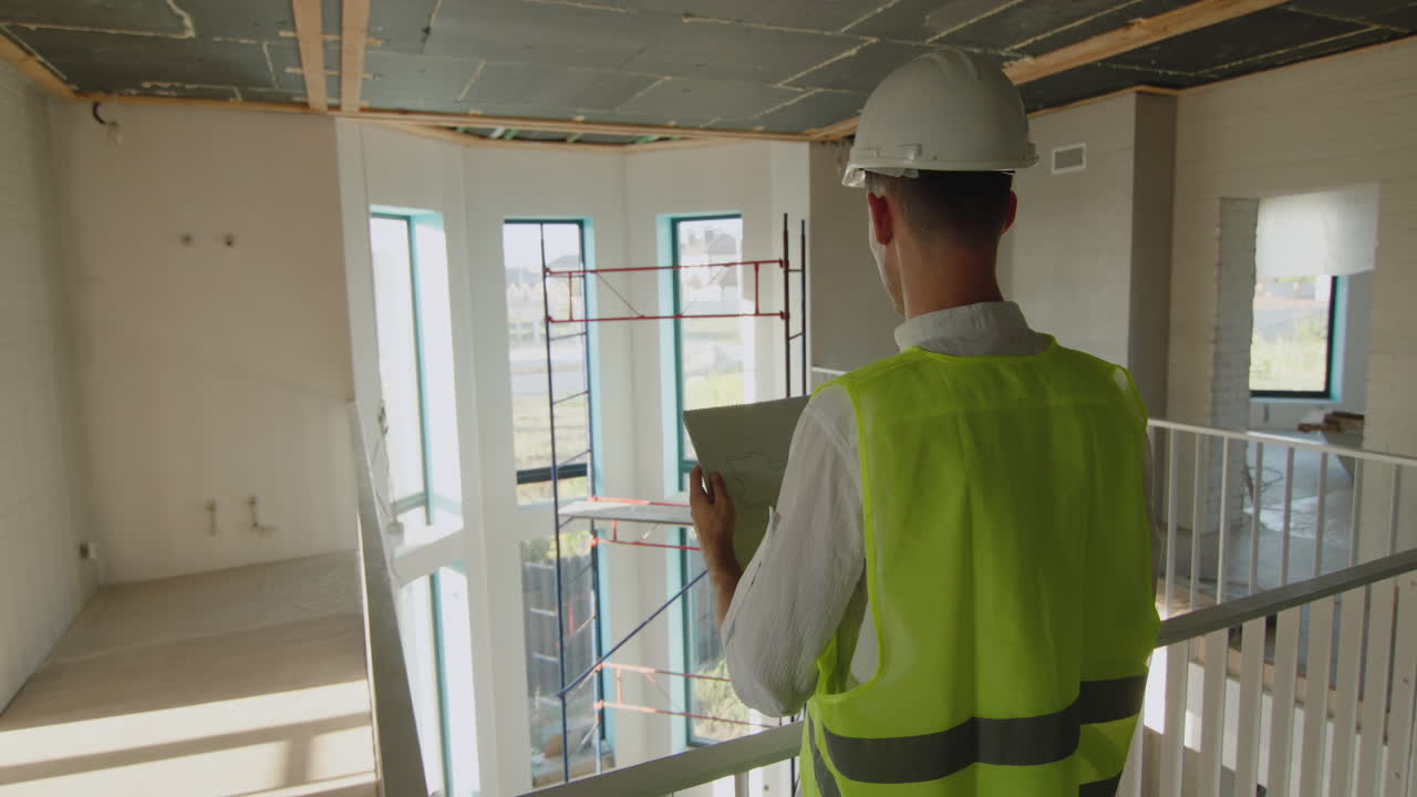 el diseñador de ingeniería estudia el dibujo, se encuentra dentro de un edificio residencial sin terminar