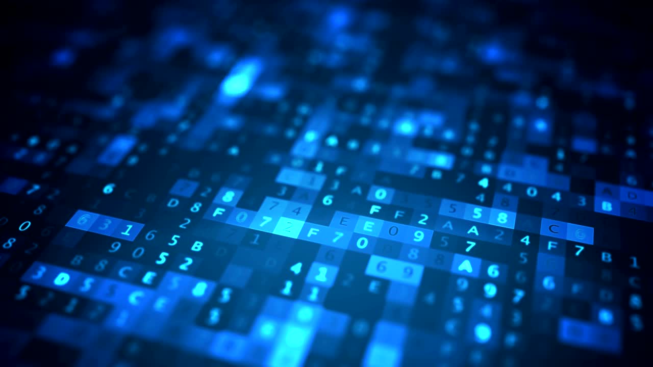 Algorithm operating with hexadecimal numbers. Technology concept. Looping animation.