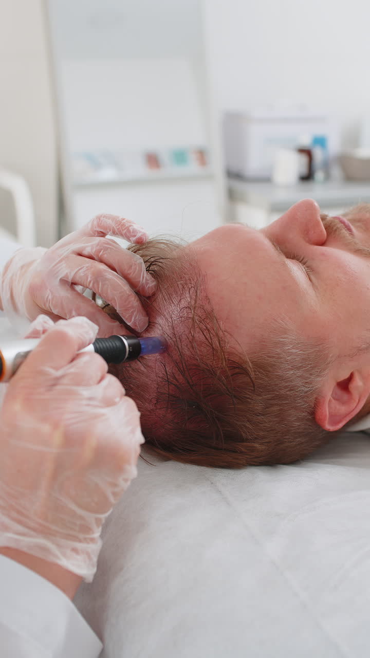 tricólogo haciendo hombre mejorar el crecimiento del cabello procedimiento dermapen microneedling inyecciones de vitaminas