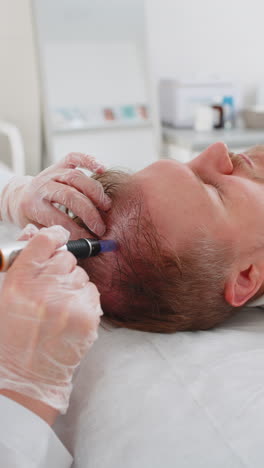 trichologist doing man improve hair growth procedure dermapen microneedling vitamin injections