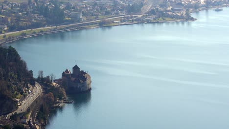 Distant-view-of-Chillon-Castle-in-Lake-Geneva-Switzerland