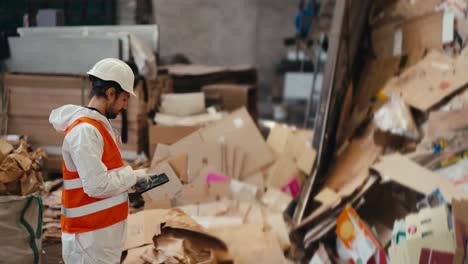 A-brunette-man-with-a-beard-in-a-white-protective-uniform-and-an-orange-vest-stands-near-a-large-conveyor-with-moving-waste-paper-at-a-large-waste-paper-recycling-and-sorting-plant