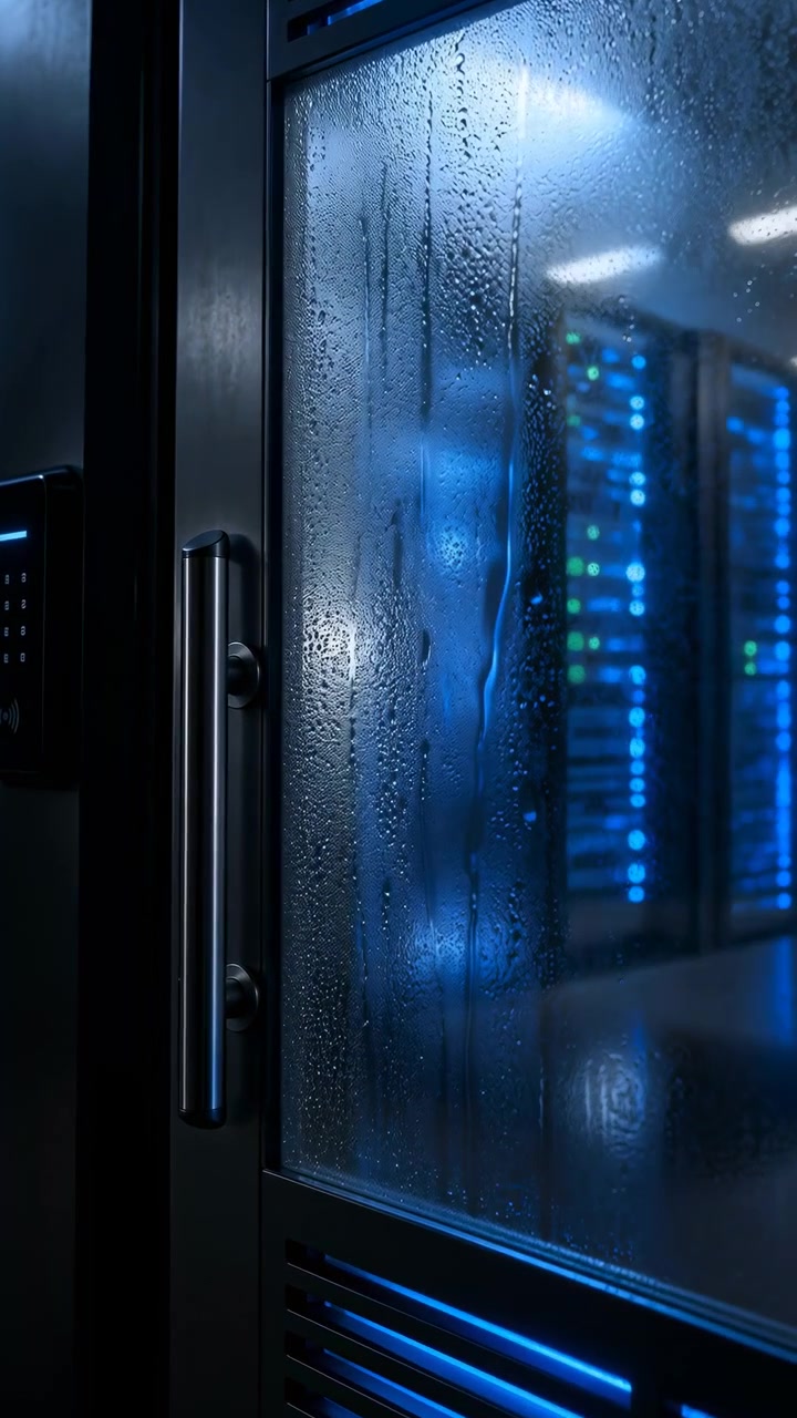 Goccioline d'acqua e scie verticali di condensa ricoprono il pannello di vetro mentre file di luci indicatrici blu brillano delicatamente dietro di esso, creando riflessi stratificati all'interno di una sala server in penombra